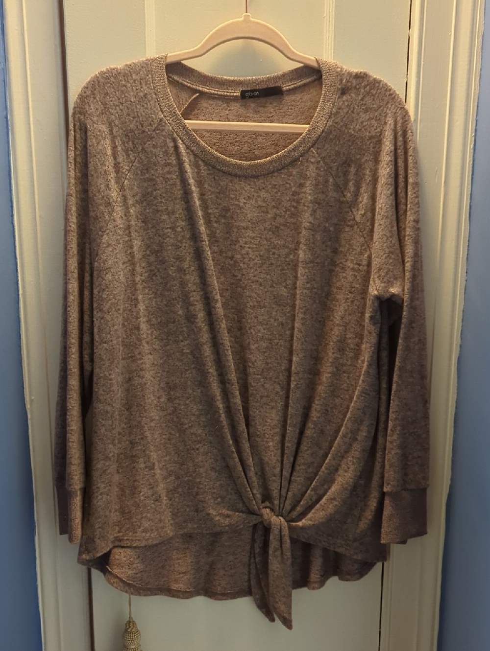 Gibson Taupe Tie-Front Long Sleeve Top